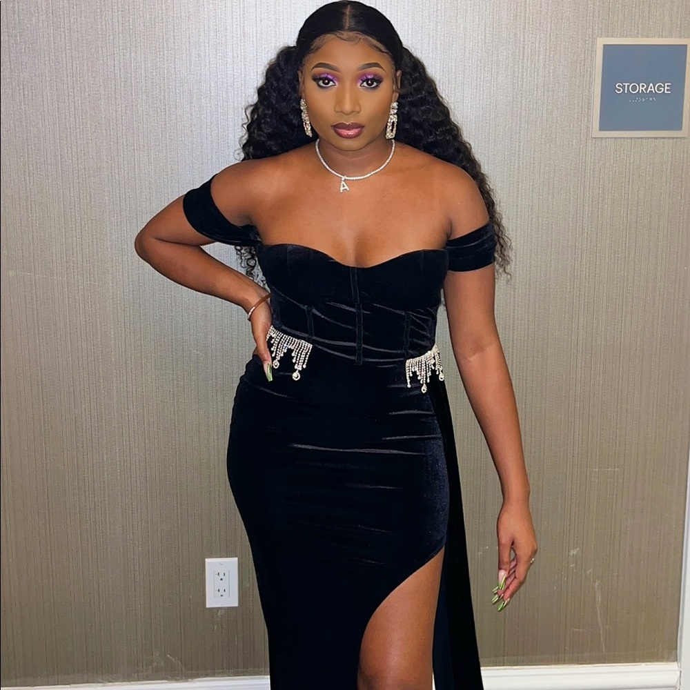 Split thigh off the shoulder velvet dress